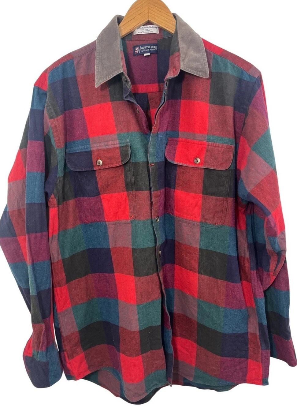 Austin Reed Flannel Shirt Medium Red Green Plaid Corduroy Collar Lumberjack